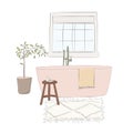 Hand-drawn bathroom illustration with bath, carpet, books, chair, candles, plant. Cozy inteior chilling art. Modern house