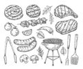 Hand drawn bbq. Sausages vegetables grill sketched elements. Healthy seasonal barbecue rib and lamb, meat restaurant Royalty Free Stock Photo