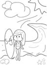 Hand drawn beach girl surfing coloring page