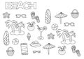 Hand drawn beach set. Coloring book page template.