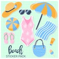 Hand drawn beach sticker pack . Tropical vacation. Summer holidays design elements