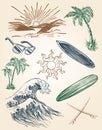 Hand drawn beach and surf illustration set