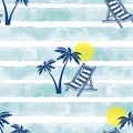 Hand drawn beach vacation symbols on striped blue watercolor background. Vector. Great for textiles, wrapping paper, wallpaper Royalty Free Stock Photo