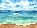 Hand drawn beach view. Watercolour sea, sky and sand. Summer seaside background