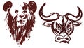 Hand drawn bear and bull heads silhouette isolated on white background as a symbol of bullish and bearish market, eps10 vector