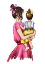 Hand drawn beautiful art of a woman with a baby girl in her arms. Fashionable woman in a pink dress. Stylish cute woman with hair