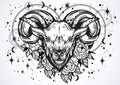 Hand-drawn beautiful artwork of a ram with peony flowers and astrology signs around. Aries, zodiac sign. Trendy vector art. Royalty Free Stock Photo