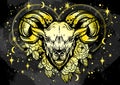 Hand-drawn beautiful artwork of a ram with peony flowers and astrology signs around. Aries, zodiac sign. Trendy vector art.