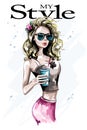 Hand drawn beautiful blonde hair woman. Fashion woman with glass of juice. Stylish lady in sunglasses.