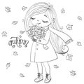 Hand drawn beautiful cute autumn girl with a bouquet of leaves. Royalty Free Stock Photo