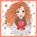 Hand drawn beautiful cute autumn girl with a cup of tea. Royalty Free Stock Photo