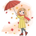 Hand drawn beautiful cute autumn girl with umbrella and leaves. Royalty Free Stock Photo