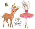 Hand drawn beautiful cute ballerina girl with little deer. Royalty Free Stock Photo