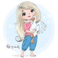 Hand drawn beautiful, cute, blonde girl with goose in hands.