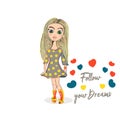 Hand drawn beautiful cute blonde girl with many colorful heats . Follow your dreams. Vector illustration.Use for print