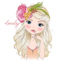 Hand drawn beautiful cute blonde girl in a wreath of flowers.