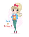 Hand drawn beautiful cute blonde schoolgirl with book. Background with the inscription Back to School. Vector illustration