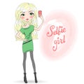 Hand drawn beautiful cute blonde selfie girl with smart phone.