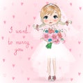 Hand drawn beautiful, cute bride girl with bouquet in gym shoes.