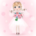 Hand drawn beautiful, cute bride girl with bouquet in gym shoes.