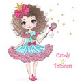 Hand drawn beautiful, cute, candy princess girl with crown. Royalty Free Stock Photo