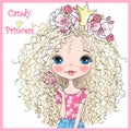 Hand drawn beautiful, cute, candy princess girl in a wreath with crown.