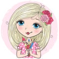 Hand drawn beautiful cute cartoon amazing artist girl with brush. Royalty Free Stock Photo