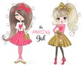 Hand drawn beautiful cute cartoon amazing fashion girl. Royalty Free Stock Photo