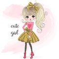 Hand drawn beautiful cute cartoon amazing fashion girl. Royalty Free Stock Photo