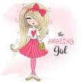 Hand drawn beautiful cute cartoon amazing fashion girl. Royalty Free Stock Photo