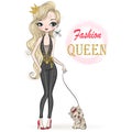 Hand drawn beautiful cute cartoon fashion girl queen with little dog. Royalty Free Stock Photo