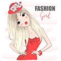 Hand drawn beautiful cute cartoon fashion girl in red dress. Royalty Free Stock Photo