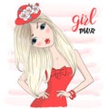 Hand drawn beautiful cute cartoon fashion girl in red dress. Royalty Free Stock Photo