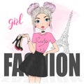 Hand drawn beautiful cute cartoon fashion girl. Vector illustration. Royalty Free Stock Photo