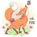 Hand drawn beautiful cute little fox girl with a butterfly..