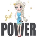 Hand drawn beautiful cute cartoon girl with crown and background with inscription girl power.