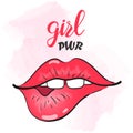 Hand drawn beautiful cute cartoon girl lipss and background with inscription girl power.