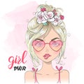 Hand drawn beautiful cute cartoon girl lipss and background with inscription girl power.