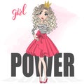 Hand drawn beautiful cute cartoon girl lipss and background with inscription girl power. Royalty Free Stock Photo