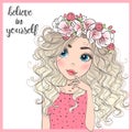 Hand drawn beautiful cute cartoon girl lipss and background with inscription girl power.