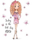 Hand drawn beautiful cute cartoon summer girl. Royalty Free Stock Photo