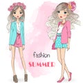 Hand drawn beautiful cute cartoon summer girls.