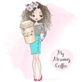 Hand drawn beautiful cute curly girl with big coffee in his hand. Royalty Free Stock Photo
