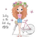 Hand drawn beautiful, cute curly hair girl in a wreath stands near bicycle.