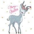 Hand drawn beautiful cute fashion winter deer girl with the words Merry Christmas.