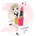 Hand drawn beautiful cute girl with big lipstick in her hand, doing makeup.