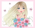 Hand drawn beautiful cute girl with a bouquet of flowers and butterflies. .