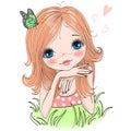 Hand drawn beautiful cute girl with a butterfly lies on a green grass. Royalty Free Stock Photo