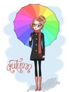 Hand drawn beautiful cute girl in glasses and with umbrella.