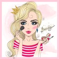 Hand drawn beautiful cute girl with makeup brush, blush and lipstick in her hand, doing makeup. Royalty Free Stock Photo